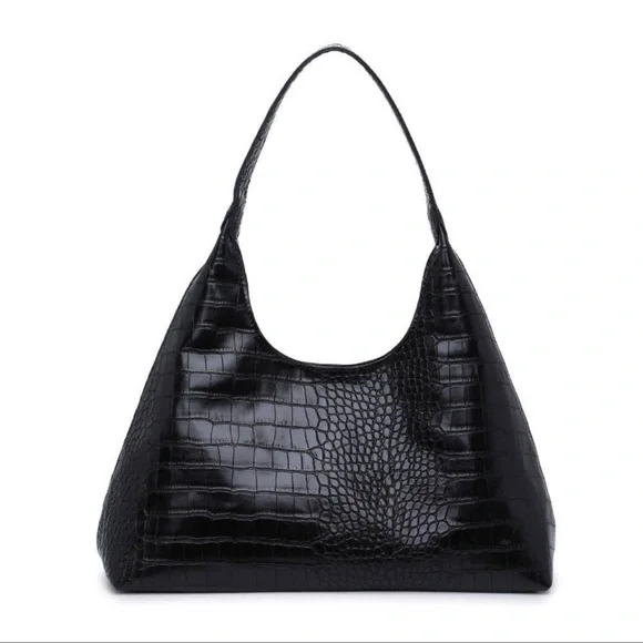 NWT Black Vegan Leather Croc Design Hobo - Picture 1 of 8